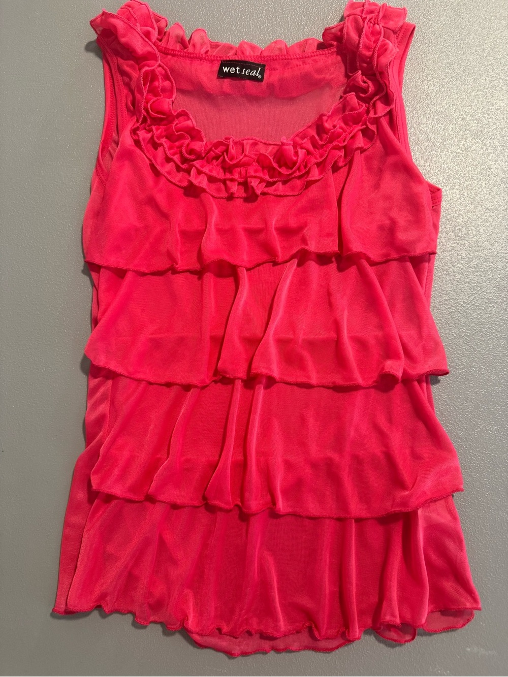 Wet Seal Hot Pink Sheer Ruffle Tiered Sleeveless Top Blouse L